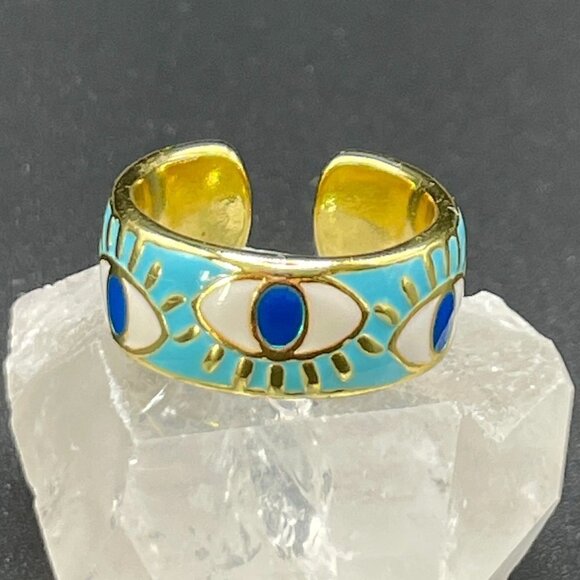 Evil Eye Enamel and Copper Adjustable Ring #1209 LT BLUE - Picture 12 of 16